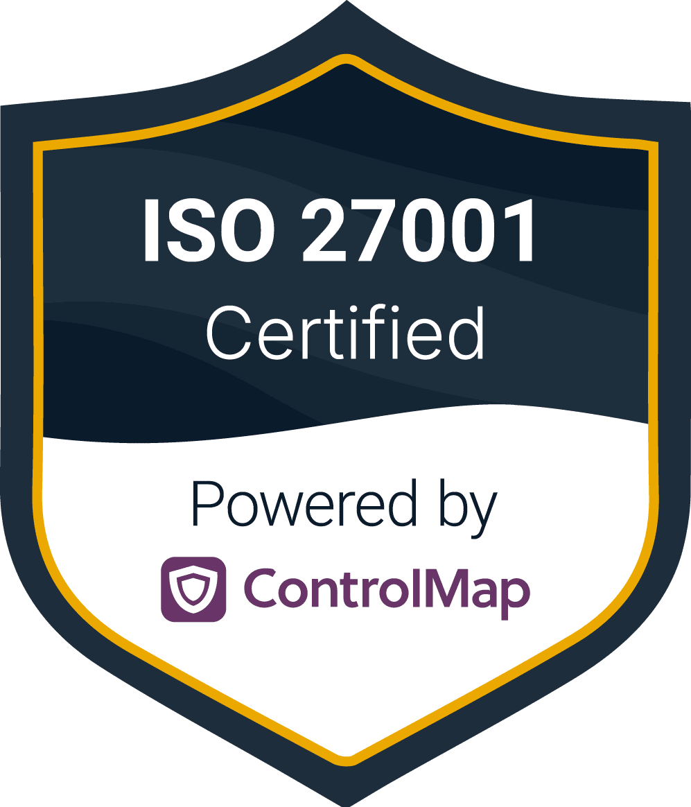 ISO 27001 Certified shield badge with 'Powered by ControlMap' logo
